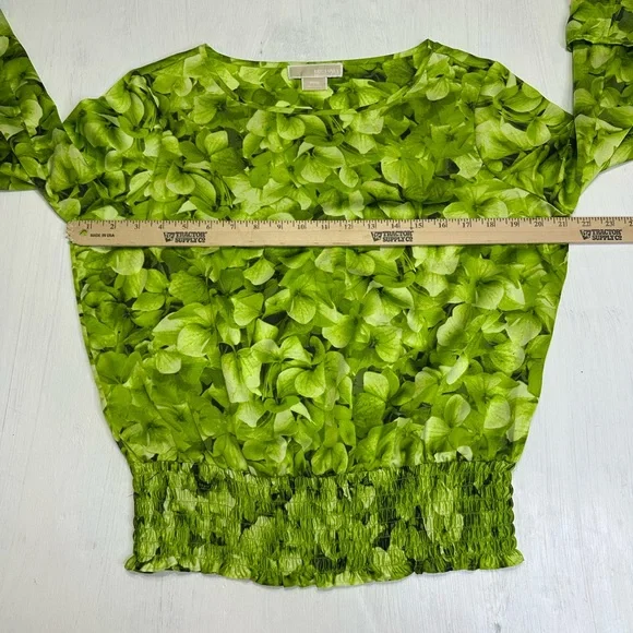 Michael Kors Petite M Green Floral Smocked Blouse Roll Tab Long Sleeve - Picture 4 of 9